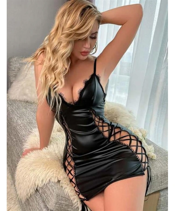 Morliva Siyah Fantezi İp Detaylı Deri Şık Elbise