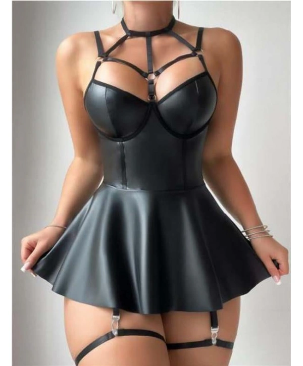 Arias Closet Siyah Fantezi Parlak Deri Şık Club Elbise