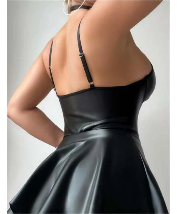 Arias Closet Siyah Fantezi Parlak Deri Şık Club Elbise