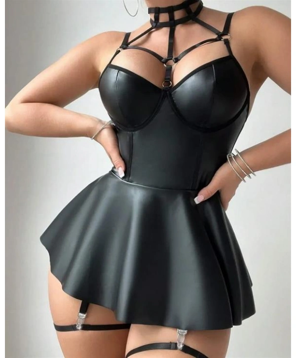 Arias Closet Siyah Fantezi Parlak Deri Şık Club Elbise