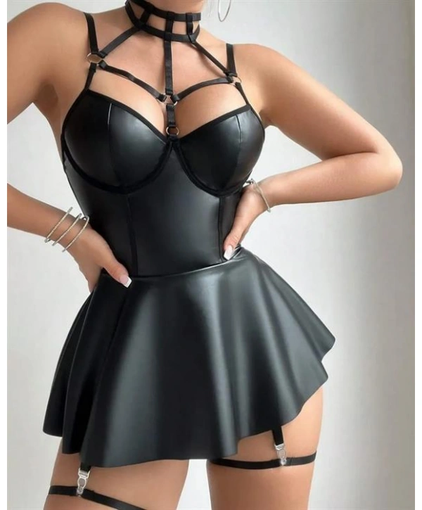 Arias Closet Siyah Fantezi Parlak Deri Şık Club Elbise