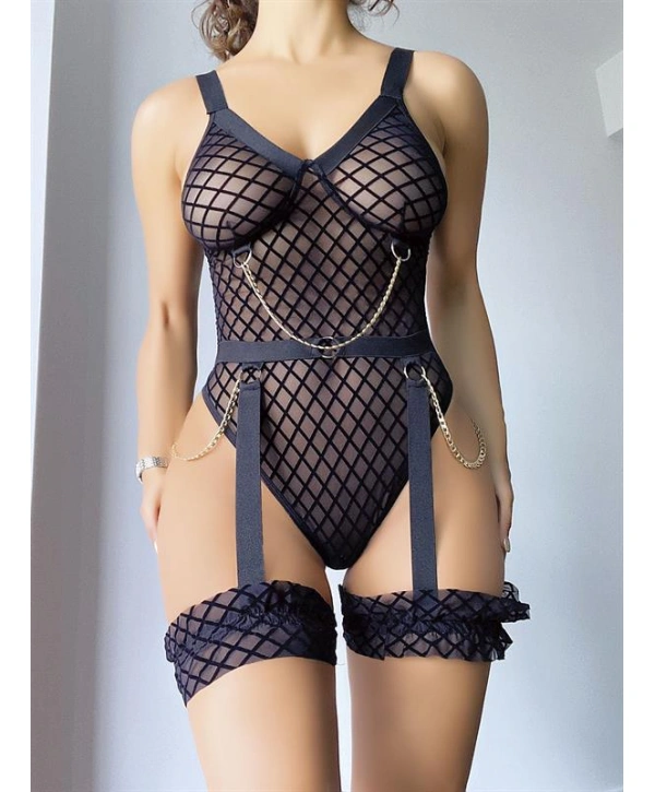 Siyah File Görünümlü Jartiyerli Body Takım