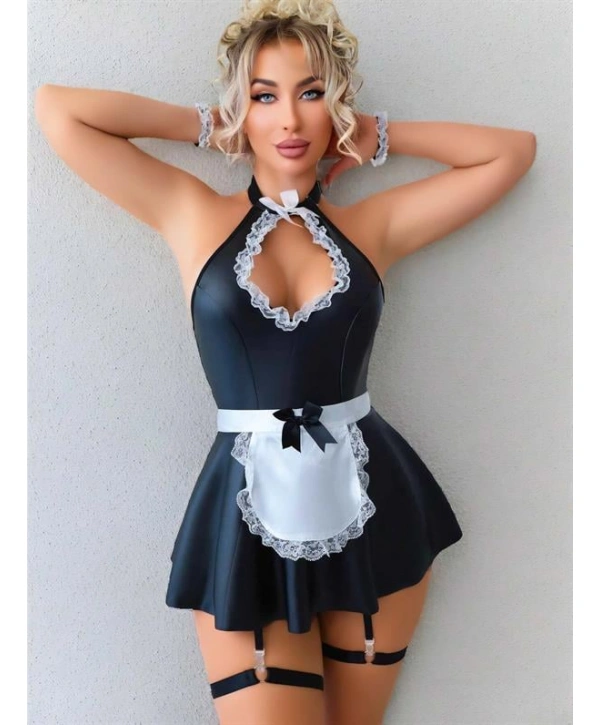 Morliva Siyah Göğüs Dekolteli Boyundan Bağlamalı Mini Etekli Fantezi Deri Hizmetçi Kostümü