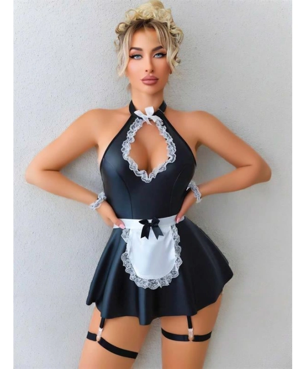 Morliva Siyah Göğüs Dekolteli Boyundan Bağlamalı Mini Etekli Fantezi Deri Hizmetçi Kostümü
