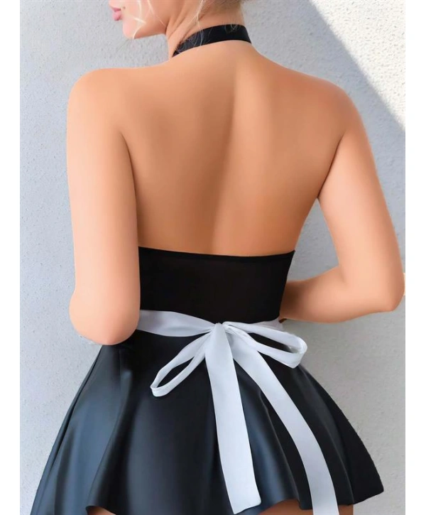 Morliva Siyah Göğüs Dekolteli Boyundan Bağlamalı Mini Etekli Fantezi Deri Hizmetçi Kostümü