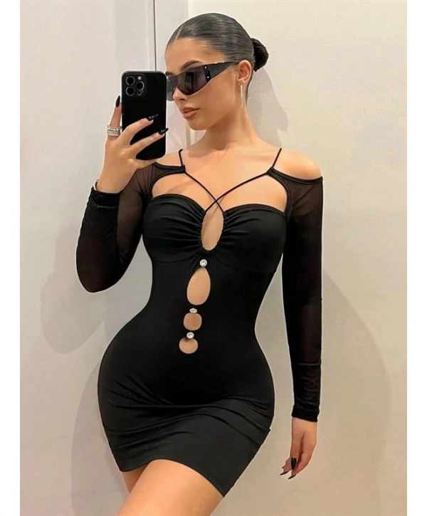 Morliva Siyah Göğüs Dekolteli İp Detaylı Mini Club Elbisesi