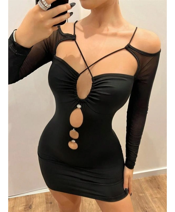 Morliva Siyah Göğüs Dekolteli İp Detaylı Mini Club Elbisesi