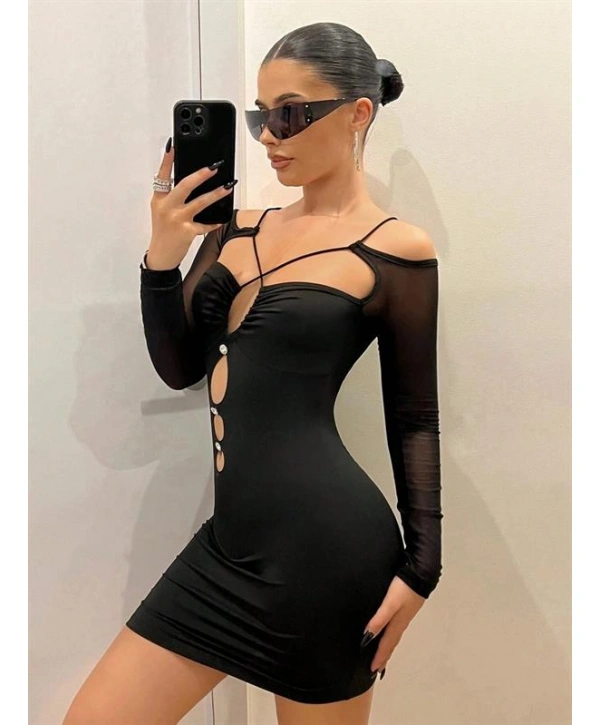 Morliva Siyah Göğüs Dekolteli İp Detaylı Mini Club Elbisesi