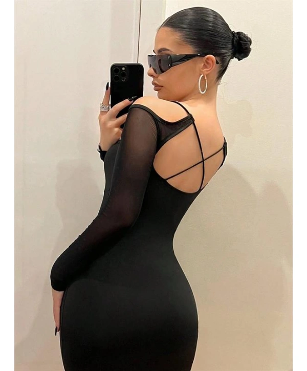 Morliva Siyah Göğüs Dekolteli İp Detaylı Mini Club Elbisesi