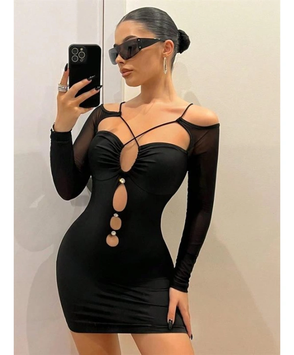 Morliva Siyah Göğüs Dekolteli İp Detaylı Mini Club Elbisesi