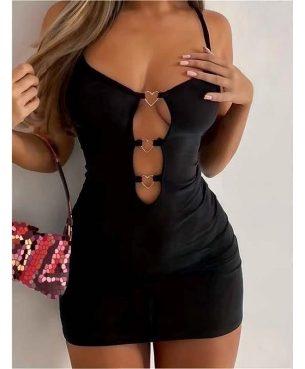 Morliva Siyah Göğüs Dekolteli Kalp Detaylı Mini Club Elbisesi