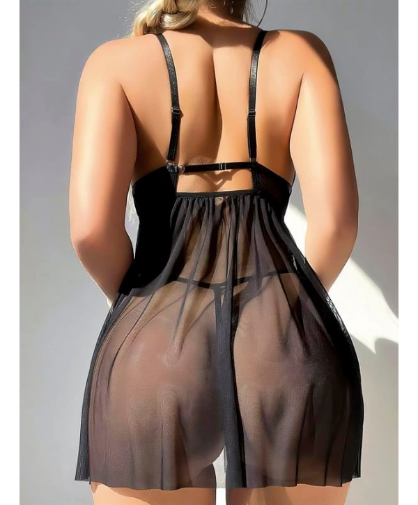 Morliva Siyah Göğüs Detaylı Yırtmaçlı Fantezi Tül Gecelik