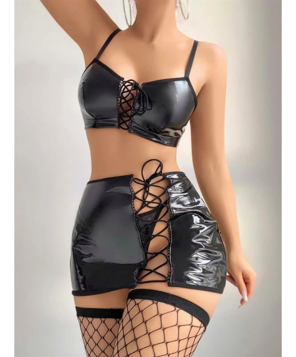 Morliva  Siyah İp Dekolteli Mini Etekli Fantezi Parlak Deri Kostüm