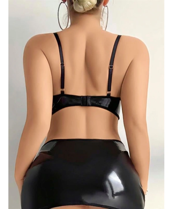 Morliva  Siyah İp Dekolteli Mini Etekli Fantezi Parlak Deri Kostüm