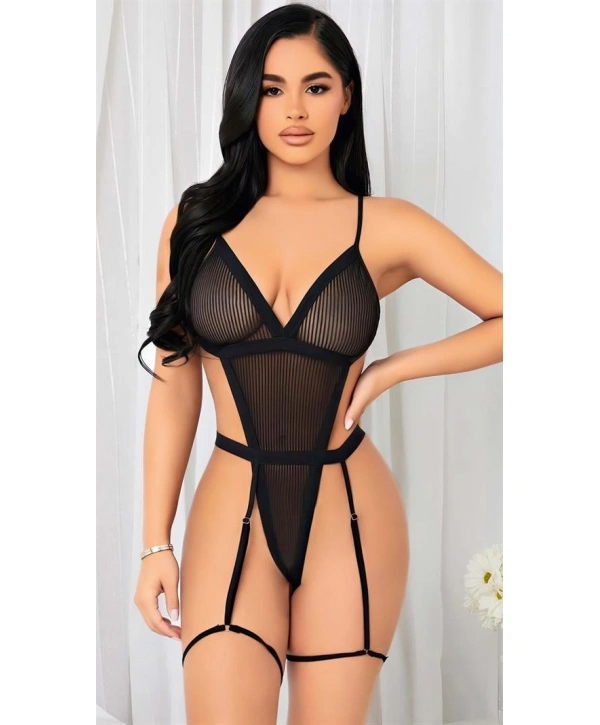 Morliva  Siyah İp Detaylı Tül Fantezi Body