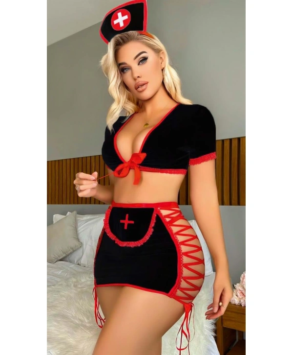Morliva Siyah Kenarları İp Detaylı Fantezi Hemşire Kostüm