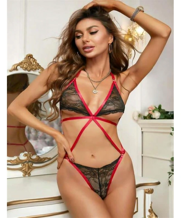 Morliva Siyah Kırmızı İp Detaylı Fantezi Sütyen Takımı