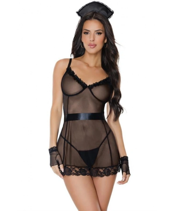 Morliva Siyah Kuşaklı Dantelli Transparan Fantezi Hemşire Kostümü