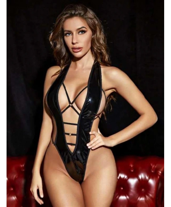 Morliva  Siyah Parlak Deri İp Detaylı Fantezi Babydoll