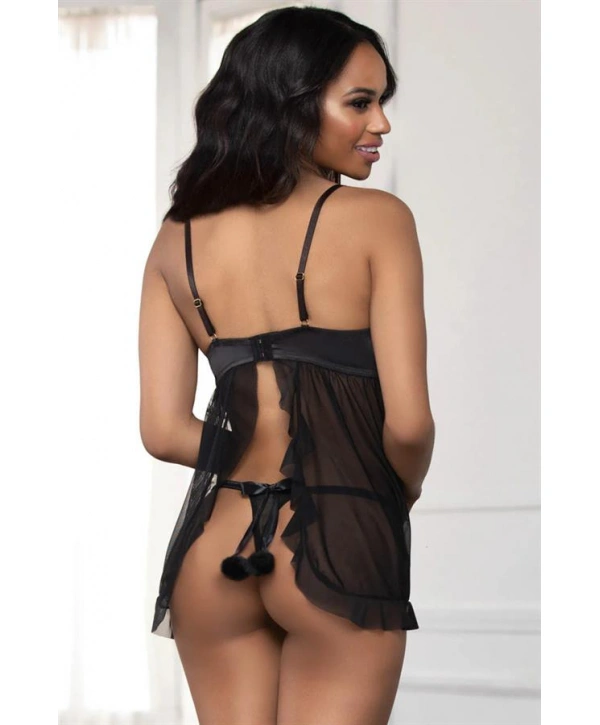 Siyah Pon Pon Detaylı Tül Fantezi Gecelik