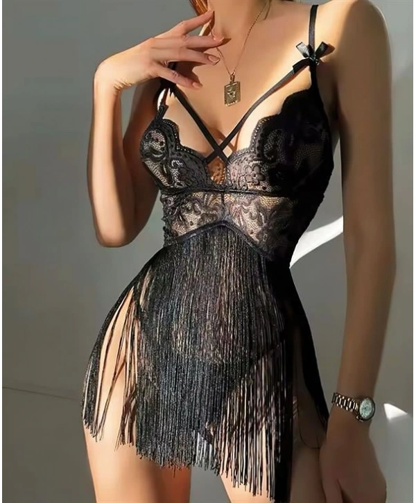 Morliva  Siyah Püsküllü Dantel Detaylı Fantezi Gecelik