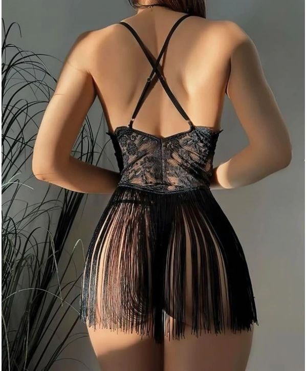 Morliva  Siyah Püsküllü Dantel Detaylı Fantezi Gecelik