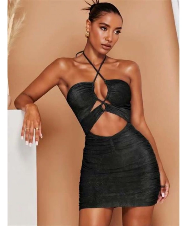 Morliva Siyah Simli Boyundan Bağlamalı Göğüs Dekolteli Mini Club Elbisesi