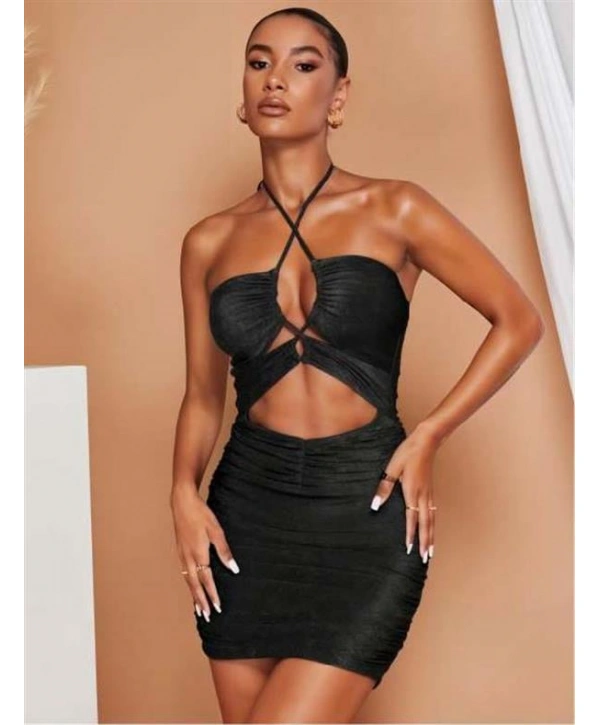 Morliva Siyah Simli Boyundan Bağlamalı Göğüs Dekolteli Mini Club Elbisesi