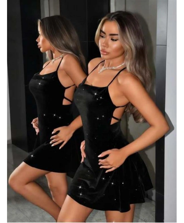 Morliva Siyah Sırt Dekolteli Simli Fantezi Mini Club Elbisesi