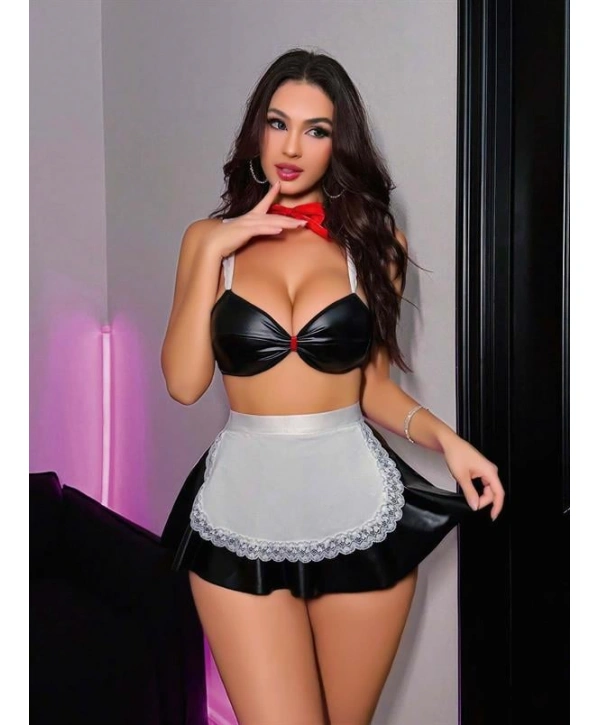 Morliva Siyah Sütyenli Fantezi Parlak Deri Hizmetçi Kostümü