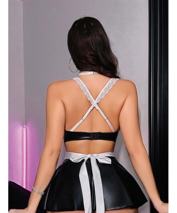 Morliva Siyah Sütyenli Fantezi Parlak Deri Hizmetçi Kostümü
