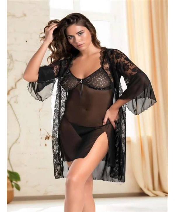 Morliva Siyah Transparan Dantel İşlemeli Yırtmaçlı 2li Tül Gecelik Takımı