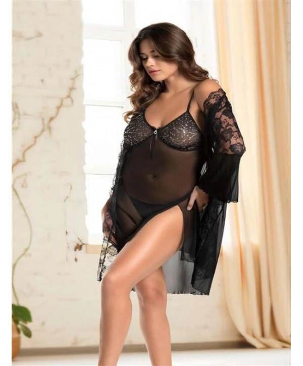 Morliva Siyah Transparan Dantel İşlemeli Yırtmaçlı 2li Tül Gecelik Takımı