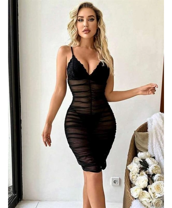 Morliva  Siyah Transparan Tül Büzgülü Fantezi Gecelik