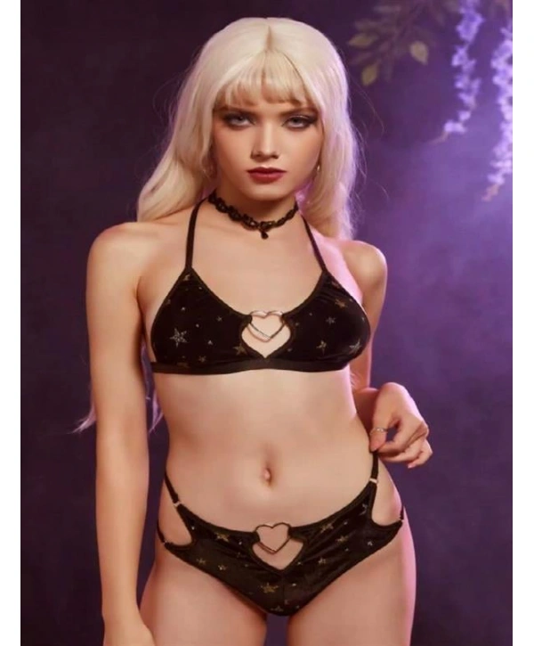 Morliva Siyah Yıldız Desenli Kalp Aksesuarlı Fantezi Sütyen Takımı