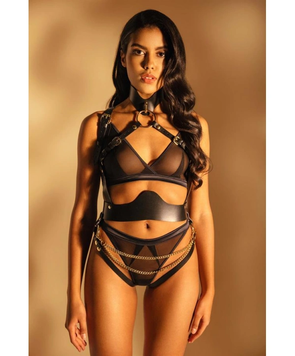 Siyah Zincir Aksesuarlı Fantezi Deri Vücut Harness