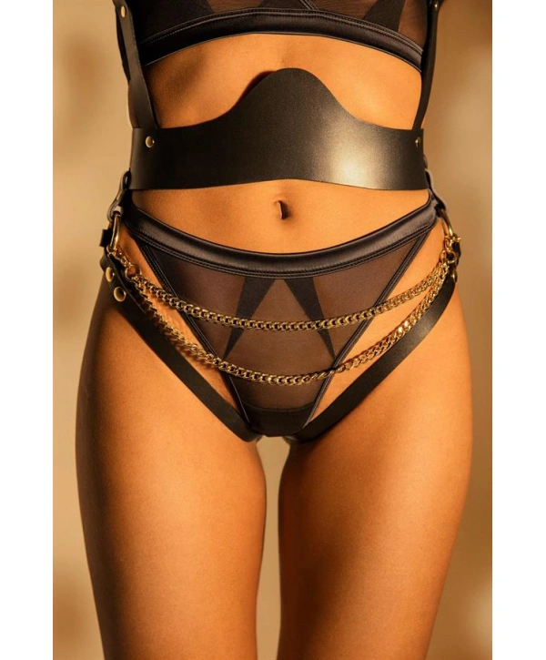 Siyah Zincir Aksesuarlı Fantezi Deri Vücut Harness