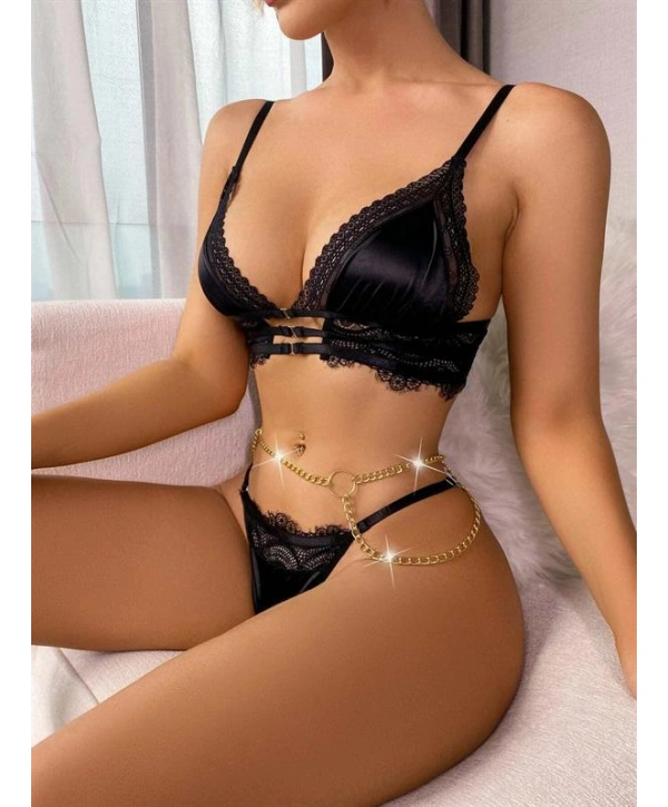 Morliva Siyah Zincir Detaylı Fantezi Sütyen Takımı