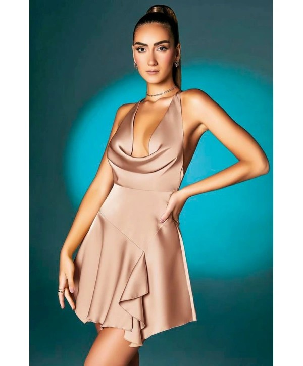 Morliva Somon Askılı Degajeli Fantezi Mini Elbise