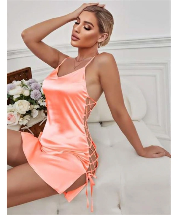 Somon Yanları İp Detay İnce Askılı Saten Kısa Fantezi Gecelik