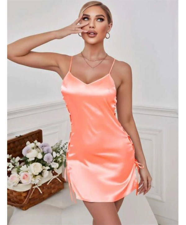 Somon Yanları İp Detay İnce Askılı Saten Kısa Fantezi Gecelik