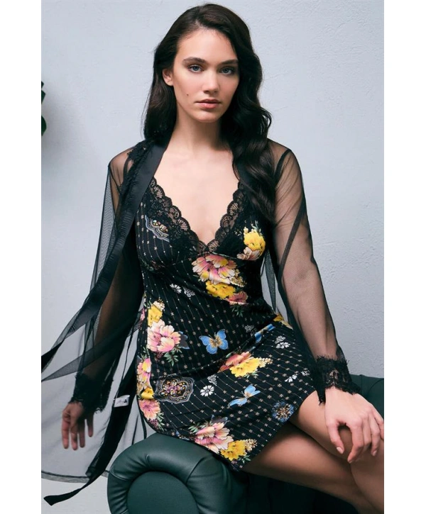 Morliva  Tül Sabahlık ve Viskon Çiçek Baskılı Dantelli Kısa Gecelik Takım