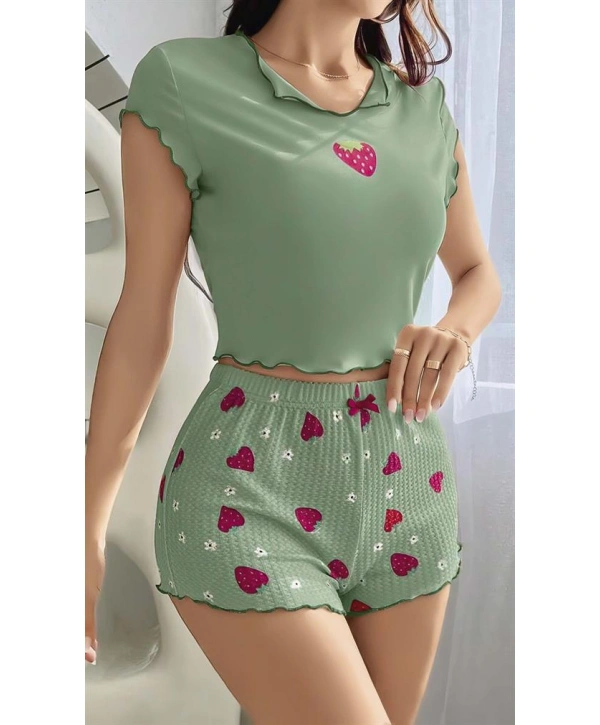 Morliva Yeşil Çilek Desenli Askılı Şortlu Pijama Takım