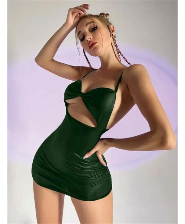 Morliva Yeşil Göğüs Dekolteli Fantezi Lame Deri Elbise