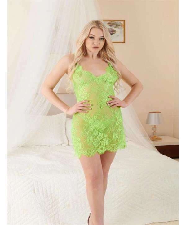 Morliva Yeşil Transparan Dantel İşlemeli Fantezi Gecelik