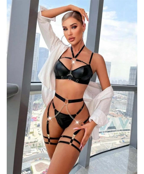 Morliva Zincir Detaylı Jartiyerli Fantezi Siyah Deri Takım