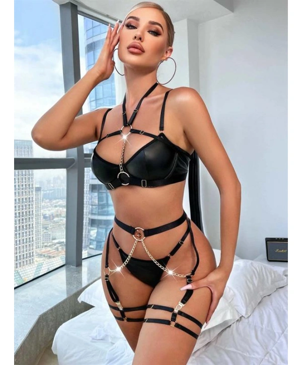 Morliva Zincir Detaylı Jartiyerli Fantezi Siyah Deri Takım