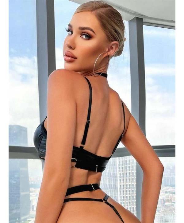 Morliva Zincir Detaylı Jartiyerli Fantezi Siyah Deri Takım