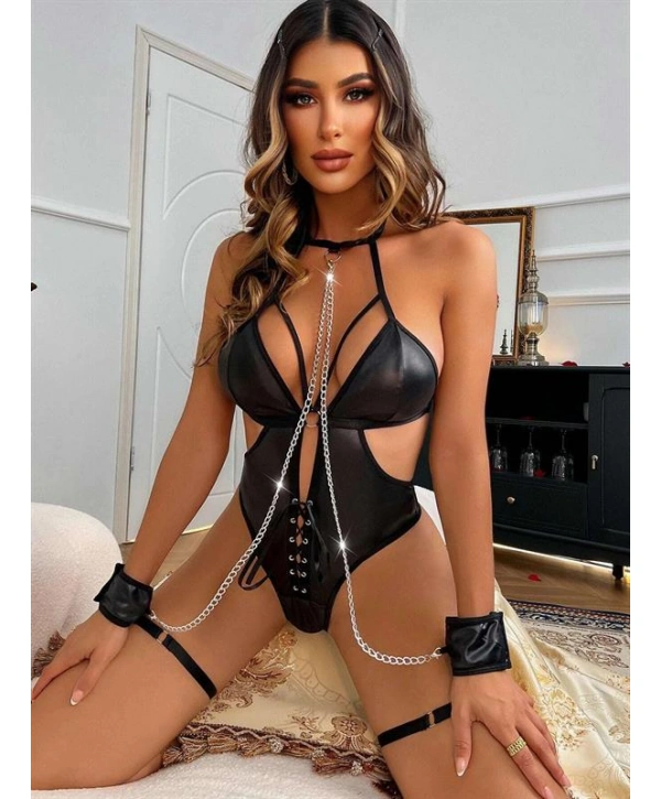 Morliva  Zincir Detaylı Kelepçeli Fantezi Siyah Deri Body
