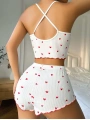 Morliva Beyaz Fiyonk Desenli Kalpli Askılı Şortlu Pijama Takım